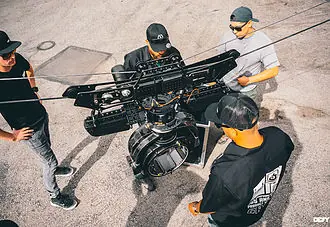 Crew preparing a Dactylcam Pro with a stabilized head