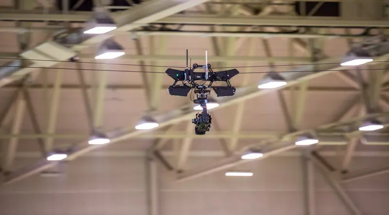 Dactylcam Pro cable cam over an indoor arena