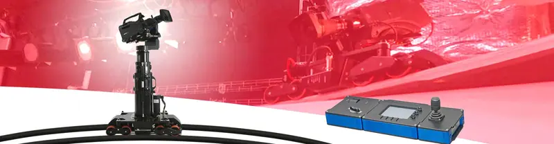 Furio rail cam dolly on a red-lit TV studio set