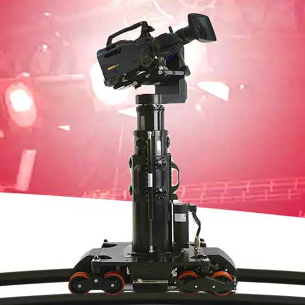 Furio rail cam dolly on a red-lit TV studio set
