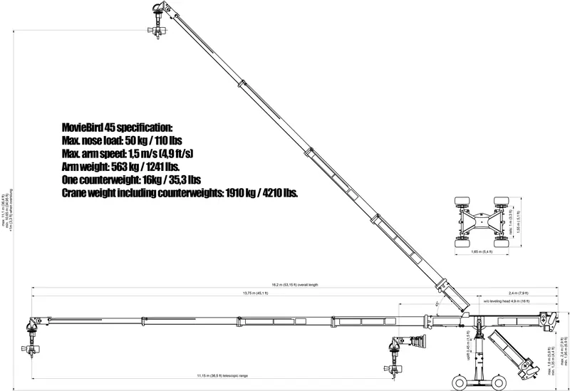 MovieBird 45 specification drawing with dimensions