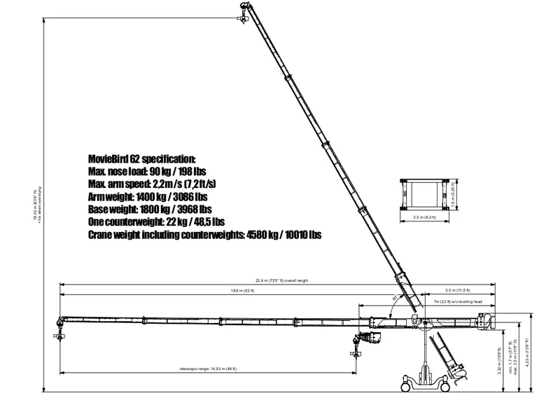 MovieBird 62 specification drawing with dimensions