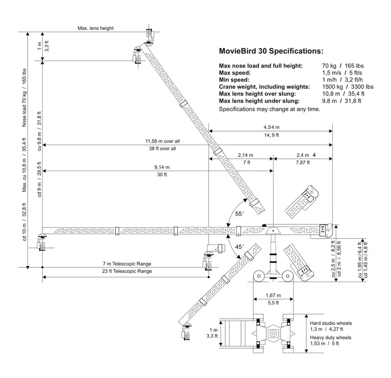 MovieBird ST30 specification drawing with dimensions