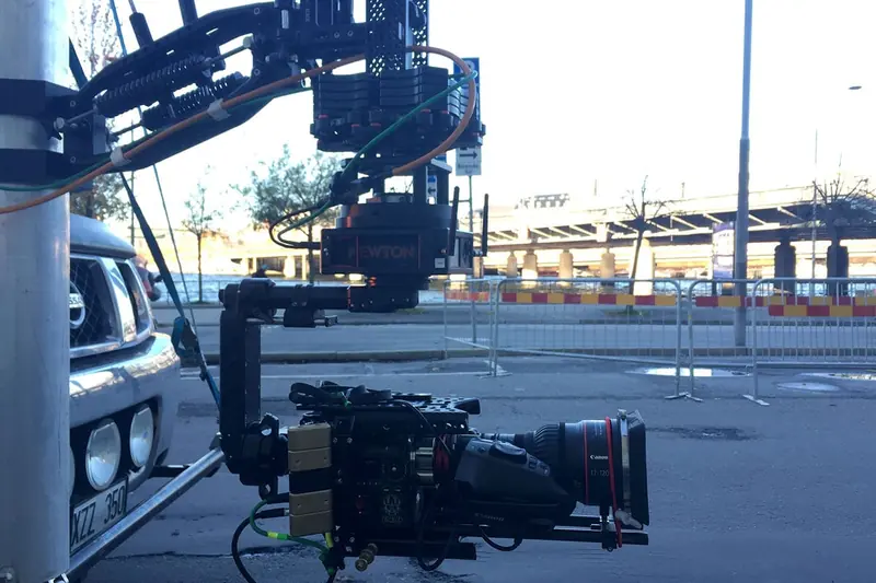 Newton stabilized remote head on a camera car, BIKEID shoot