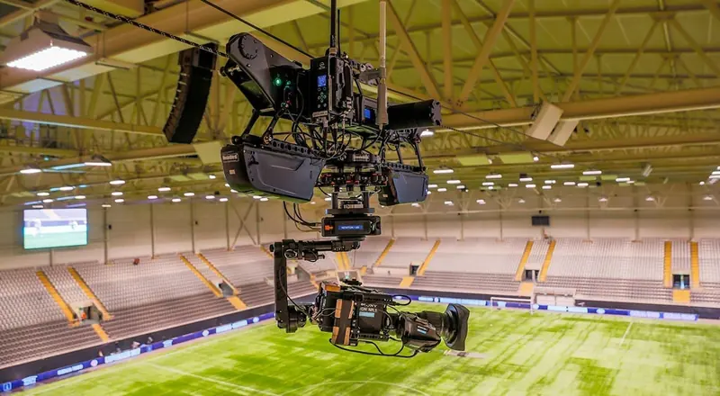 Newton stabilized remote head on a Dactylcam 1D cable cam for TV broadcast