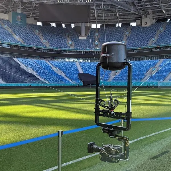 Newton stabilized remote head on a Spidercam over a football pitch