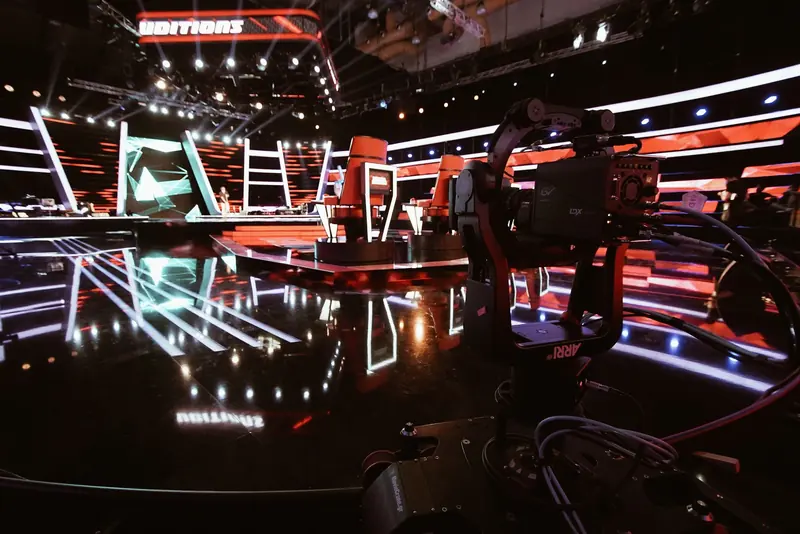 Remote head filming on a lit TV studio set